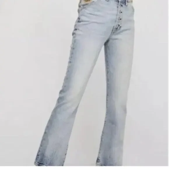 Free People Novelty Embellished Beaded Sequins Button Fly Straight Jeans - Picture 7 of 16